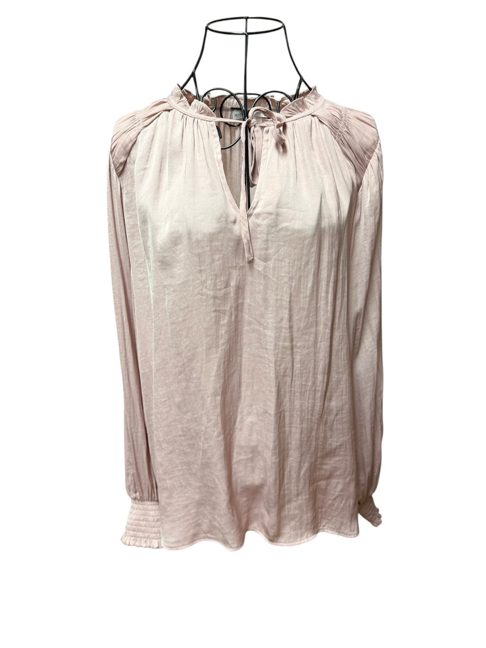 Women's Long-Sleeve Tie-Neck Peasant Tunic - Light Blush Large